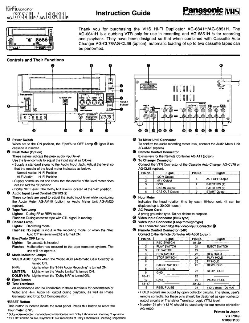 Panasonic AG-6851H, AG-6851, AG-6841H, AG-6841 User Manual