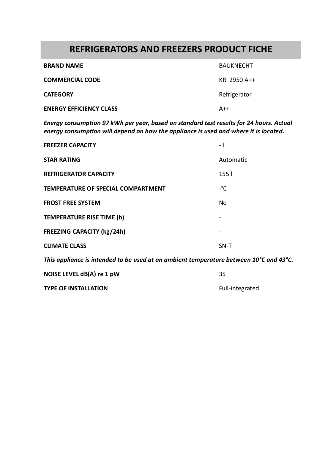 BAUKNECHT KRI 2950 A++ Product sheet