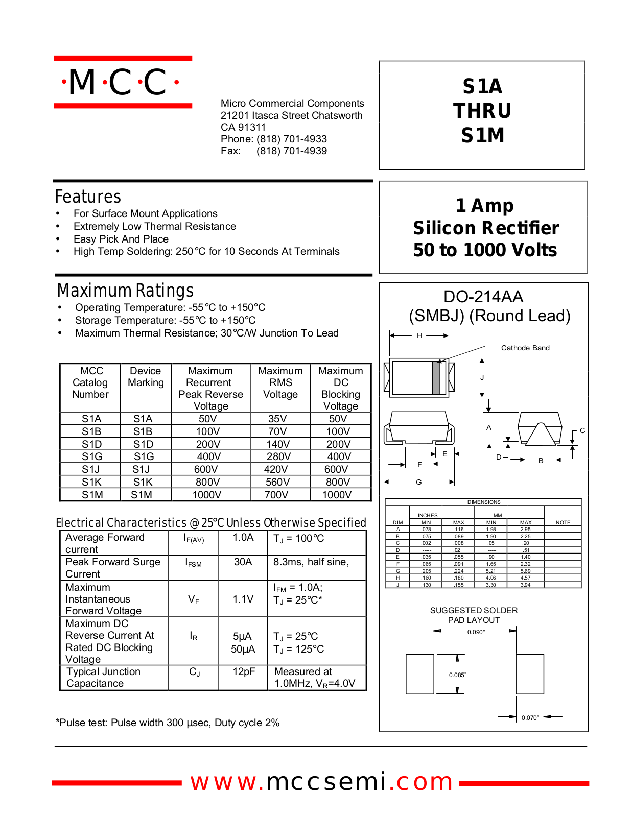 MCC S1A, S1G, S1B, S1J, S1M Datasheet