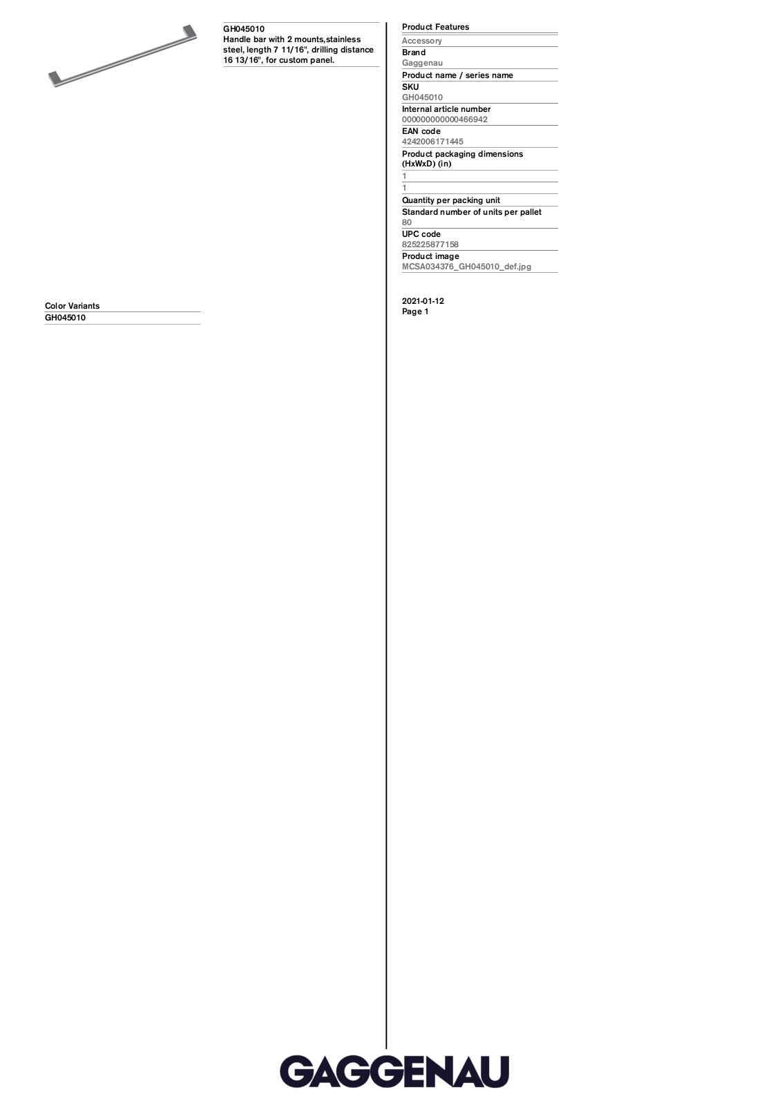 Gaggenau GH045010 Specification Sheet