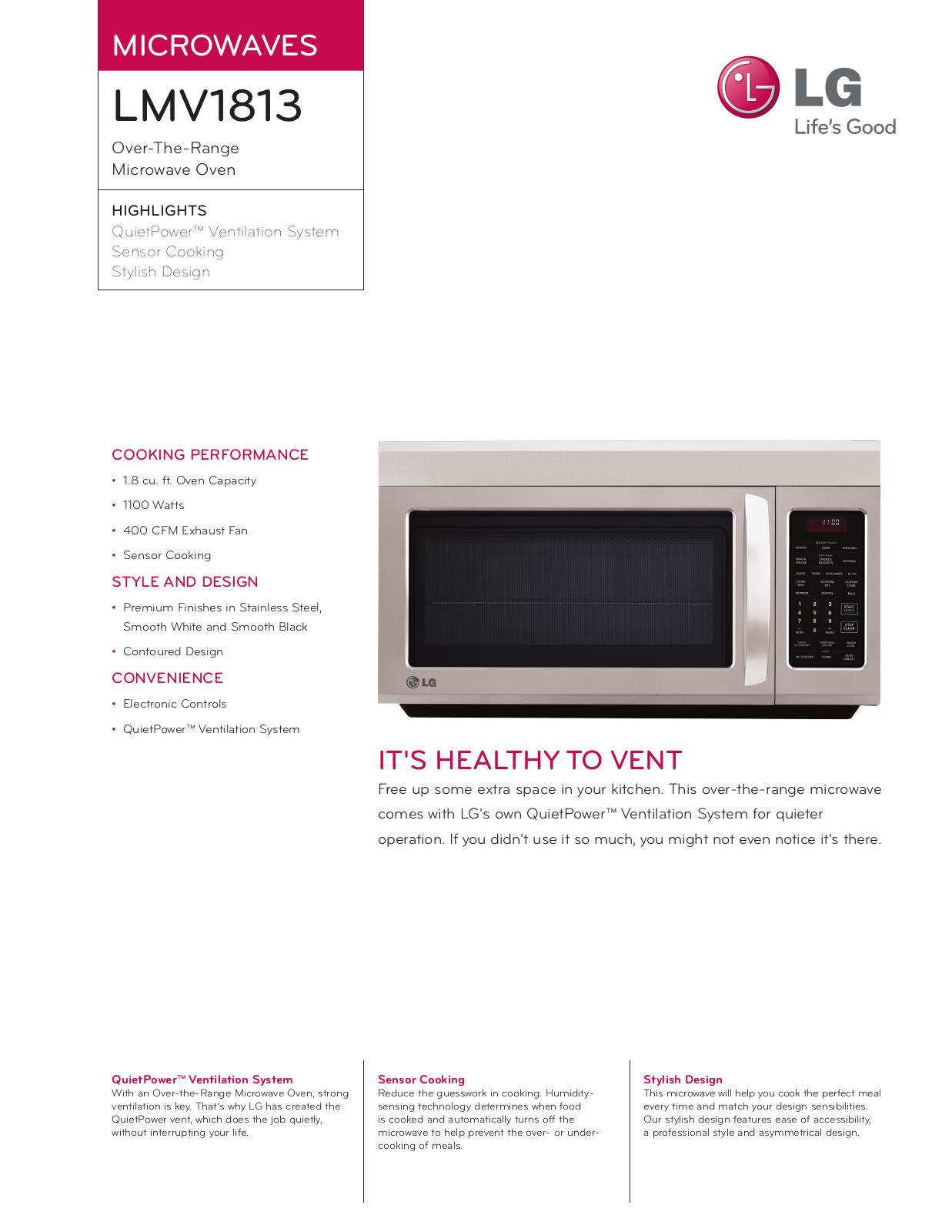 LG LMV1813ST, LMV1813SB, LMV1813SW Specification Sheet