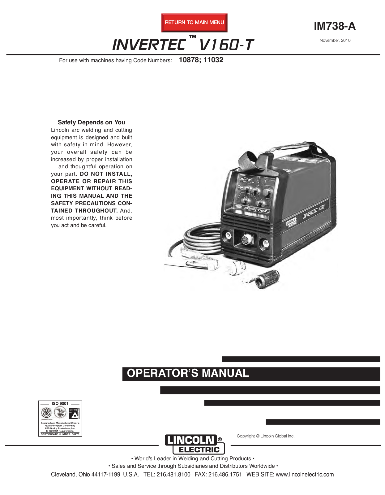 Lincoln Electric V160-T, IM738-A User Manual