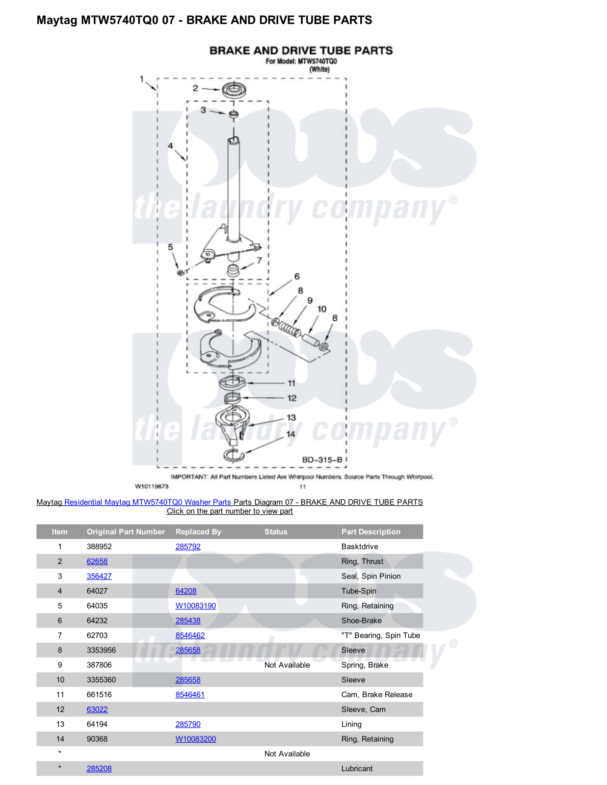 Maytag MTW5740TQ0 Parts Diagram