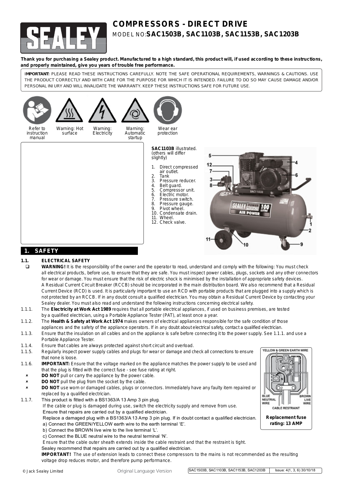 Sealey sAc1103B, sAc1153B, sAc1203B Instruction Booklet