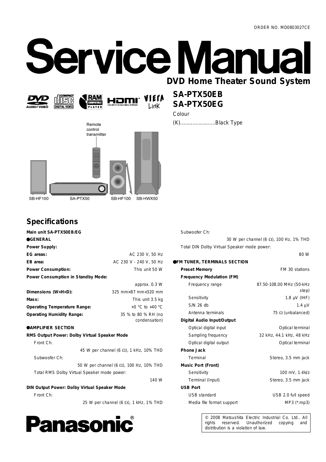 Panasonic SA-PTX50EB, SA-PTX50EG Service Manual