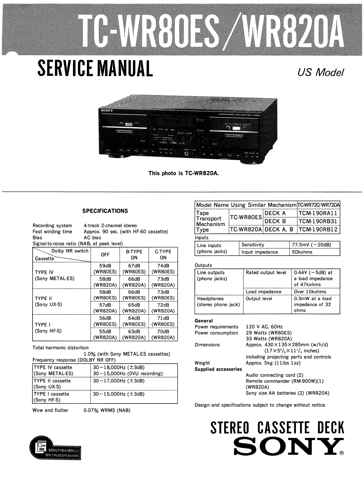 Sony TCWR-820-A Service manual
