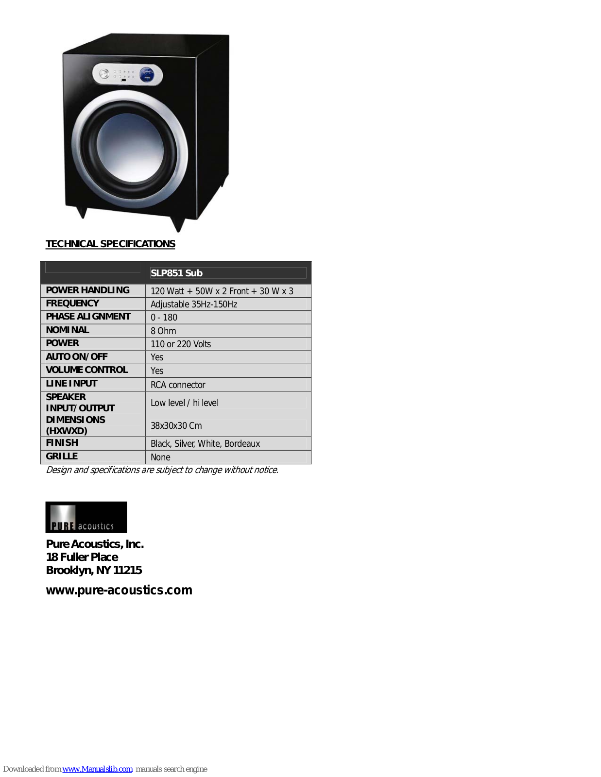 Pure Acoustics SLP851 Sub Technical Specifications