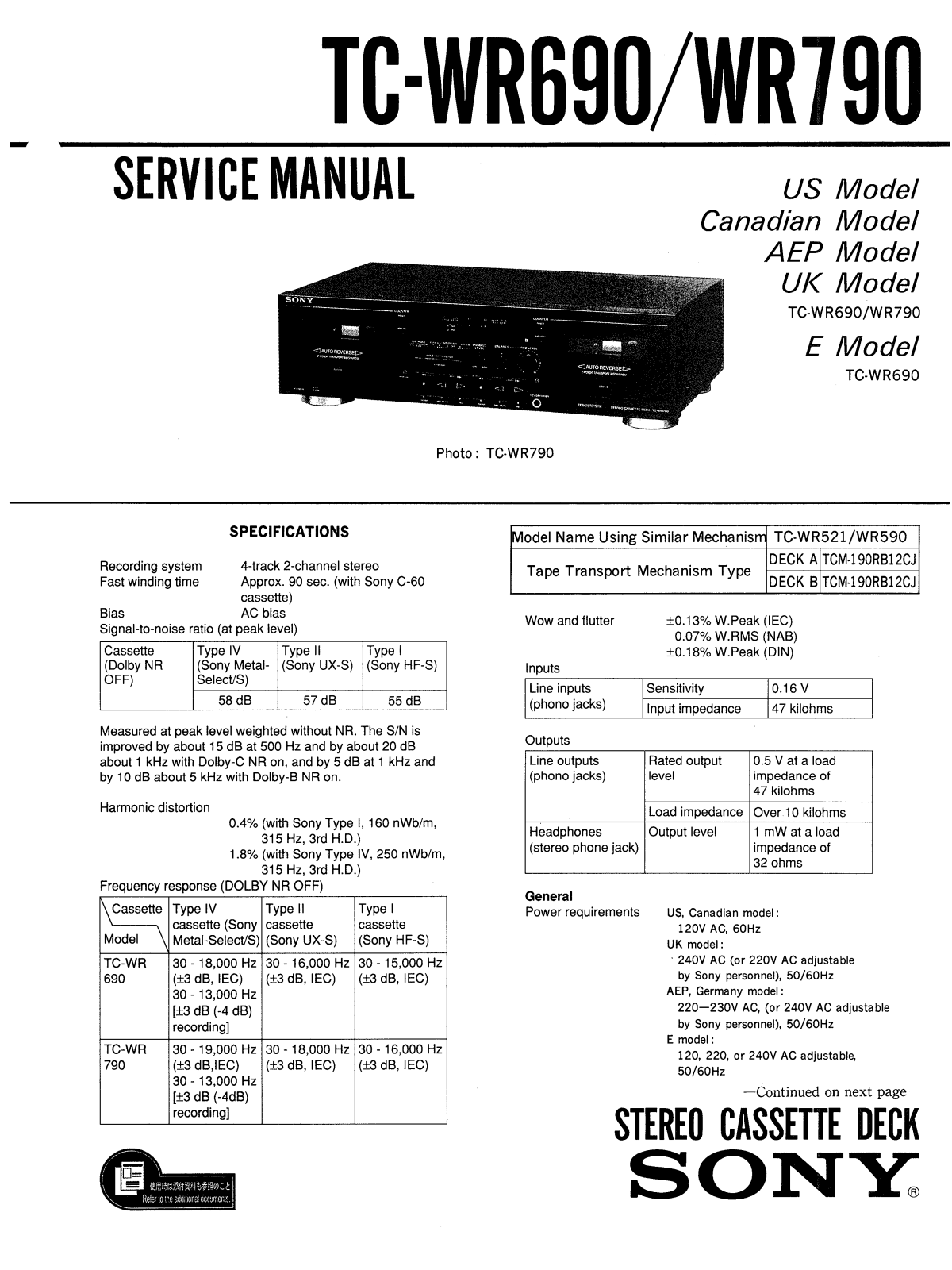 Sony TCWR-690 Service manual