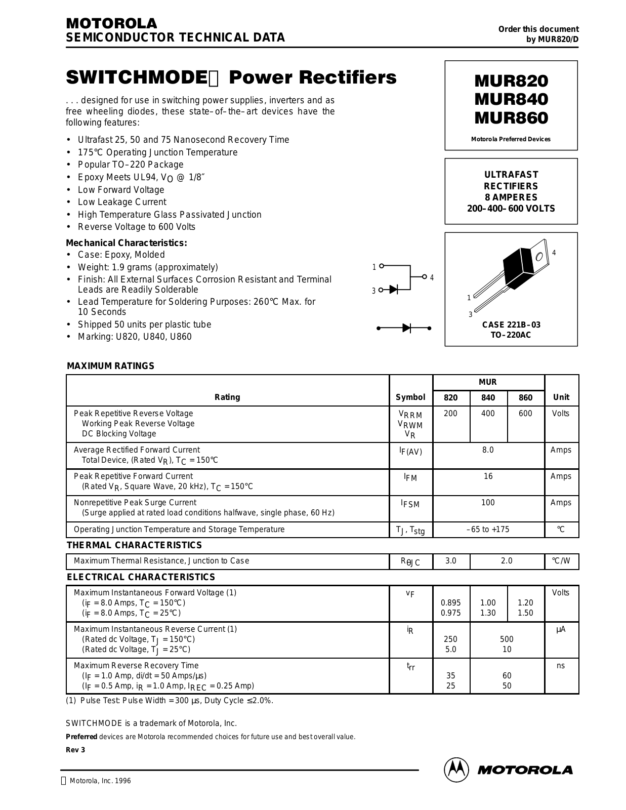 Motorola MUR860, MUR840, MUR820 Datasheet