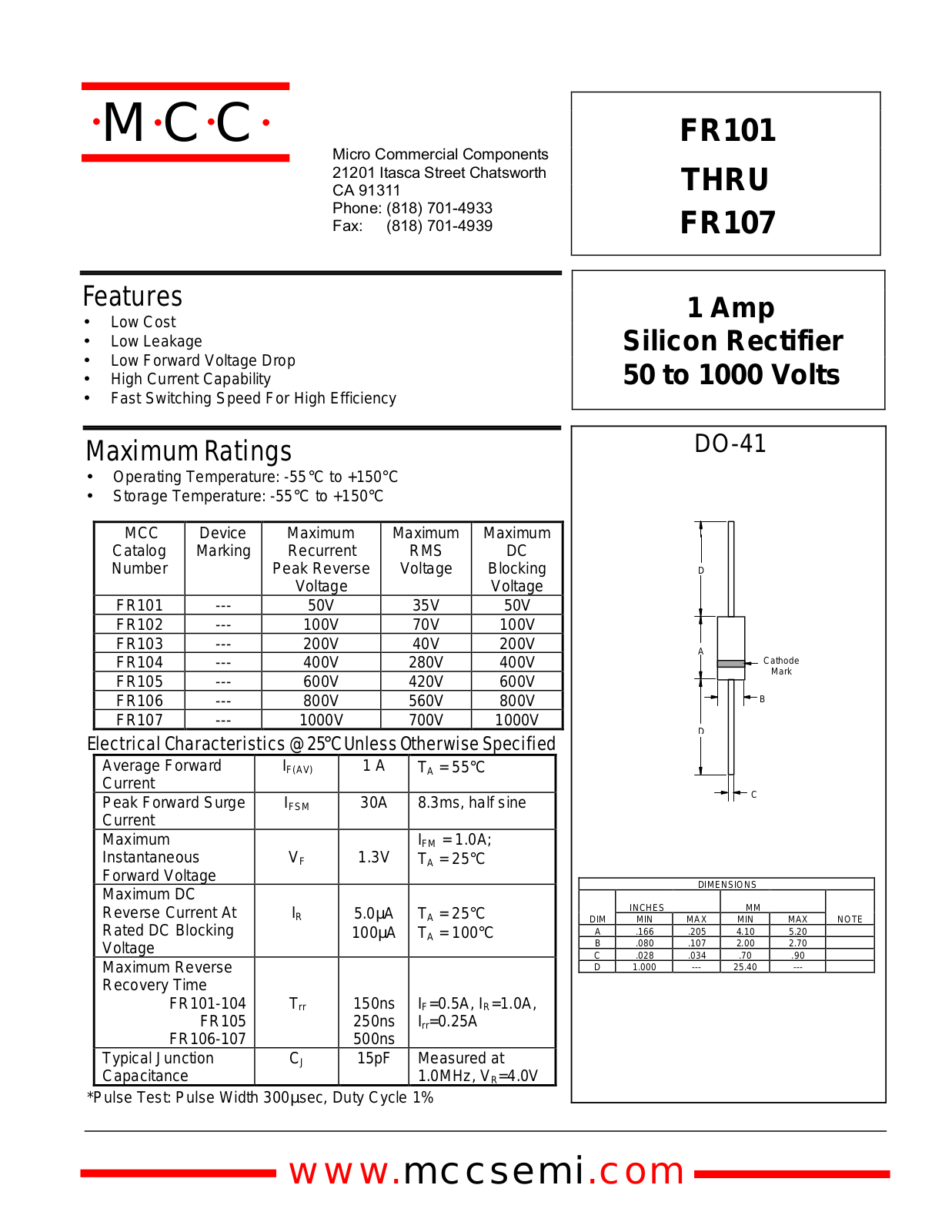 MCC FR107, FR105, FR106, FR104, FR103 Datasheet