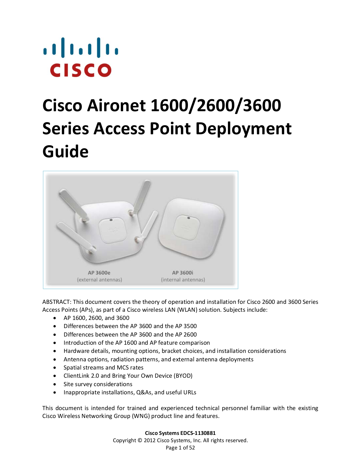 Cisco Systems Aironet 2600, Aironet 1600, AIRCAP3602IAK9RF, Aironet AP1600, AIRCAP1602EAK9 User Manual