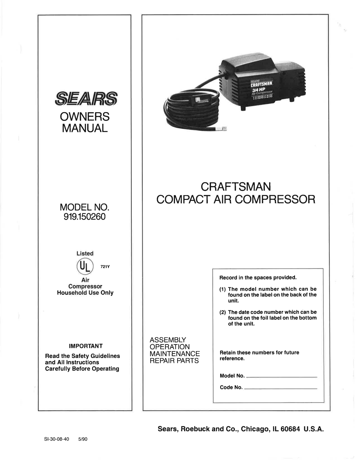 Sears 919.150260 User Manual