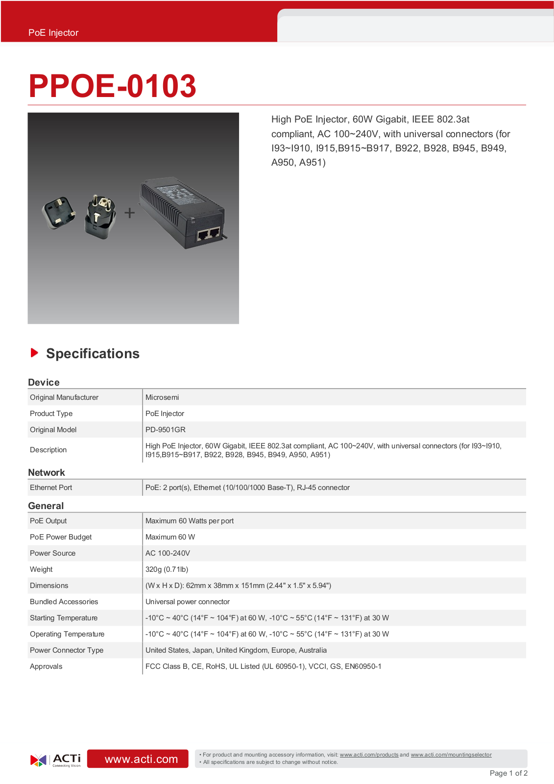 ACTi PPOE-0103 Specsheet