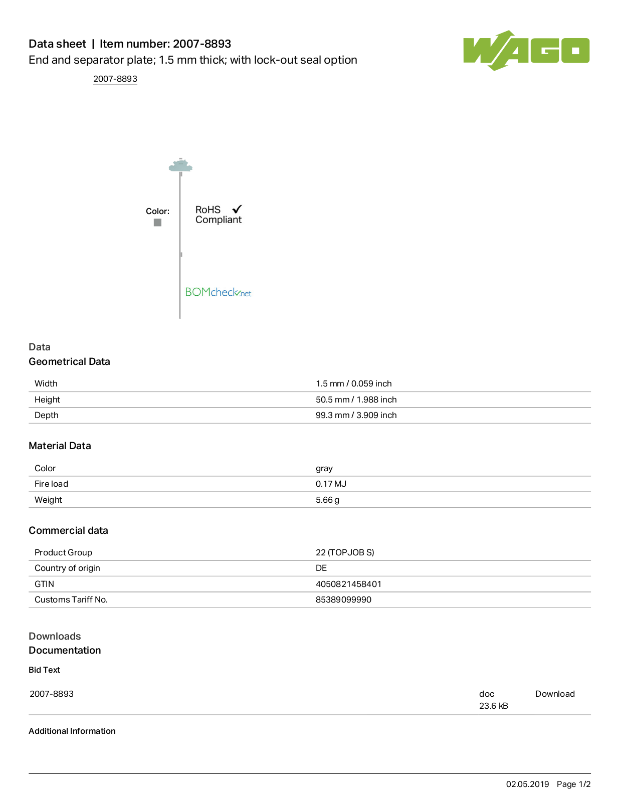 Wago 2007-8893 Data Sheet