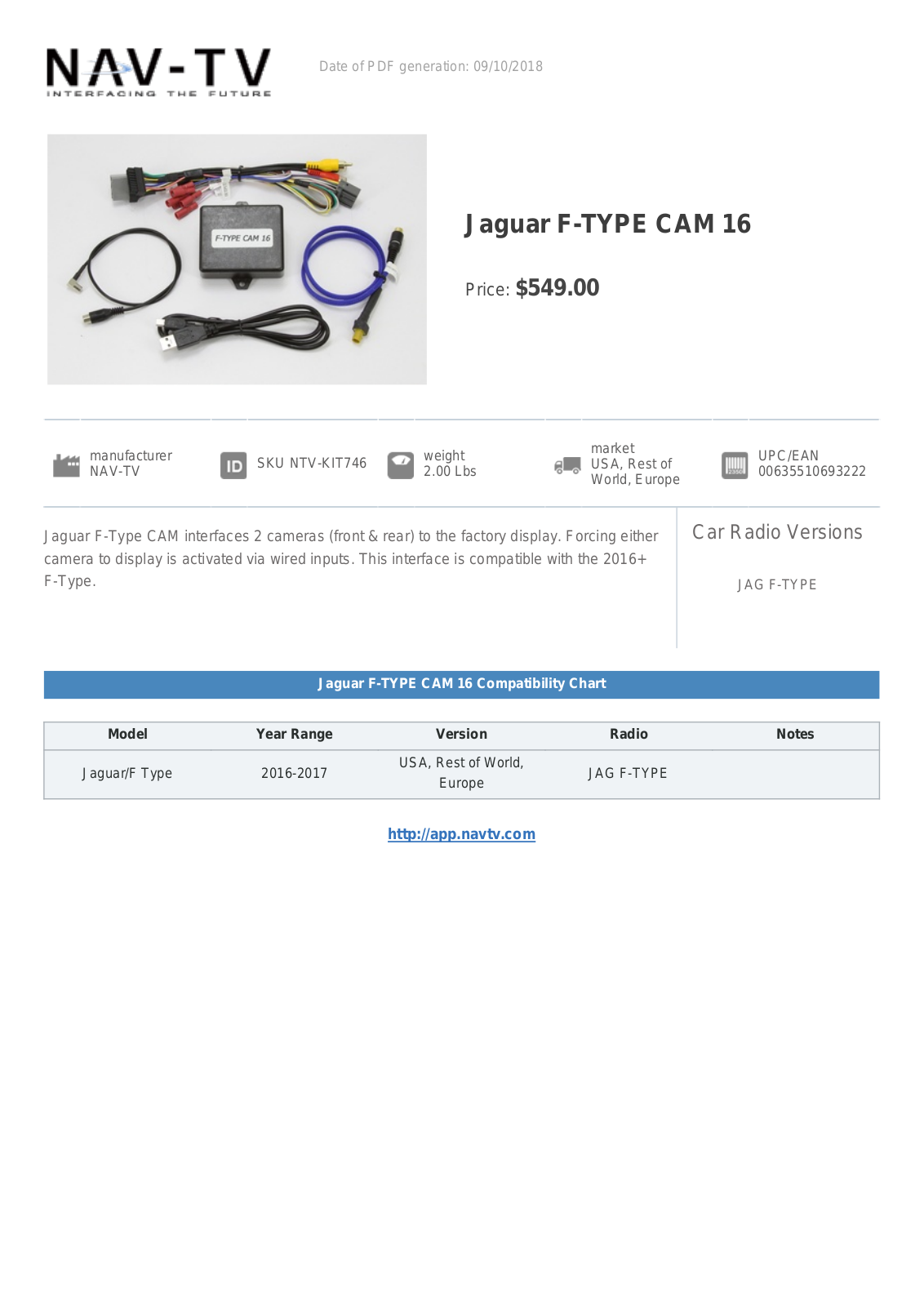 NAV-TV Jaguar F-TYPE CAM 16 Specification Sheet