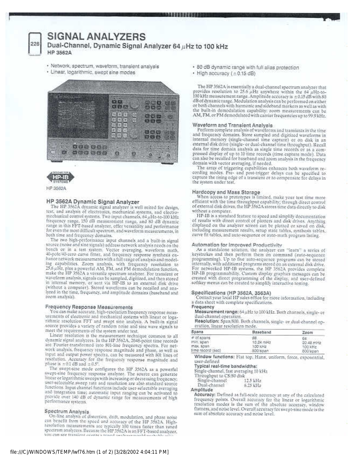 Agilent 3562A Data Sheet