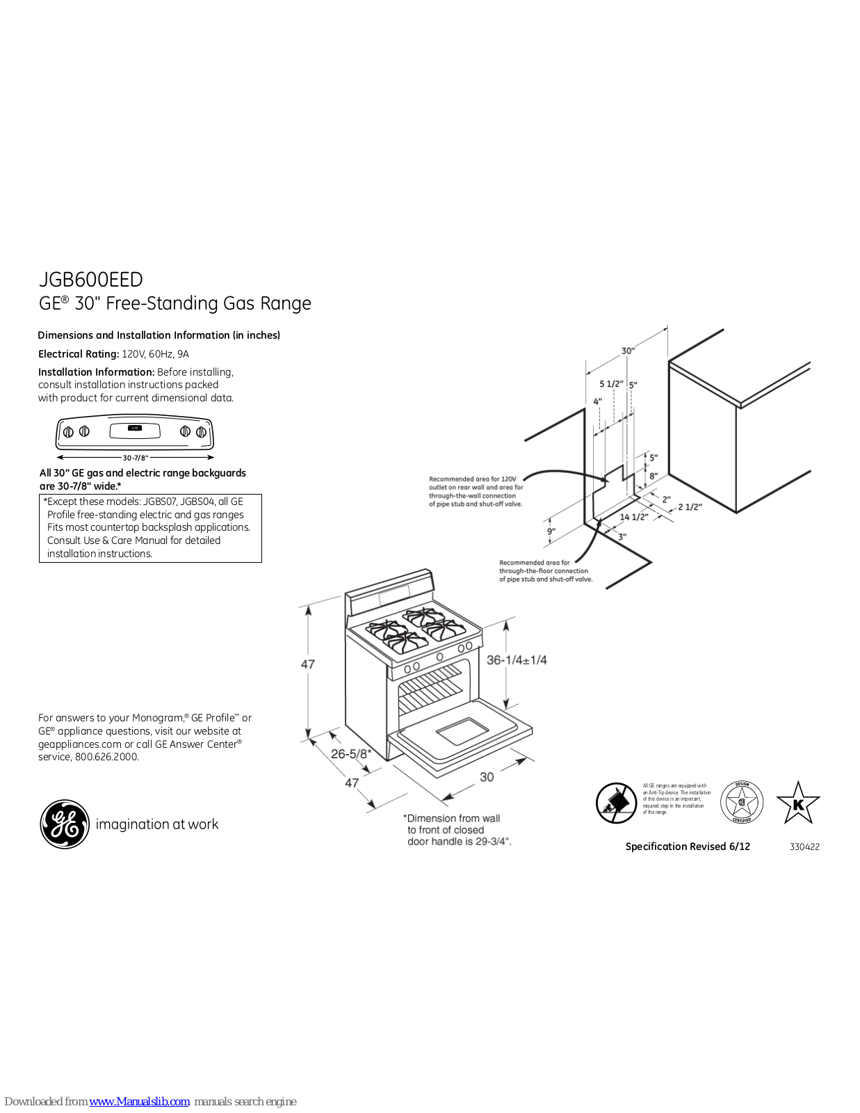 GE JGB600EEDES, JGB600EED Dimensions And Installation Information - ManualMachine.com