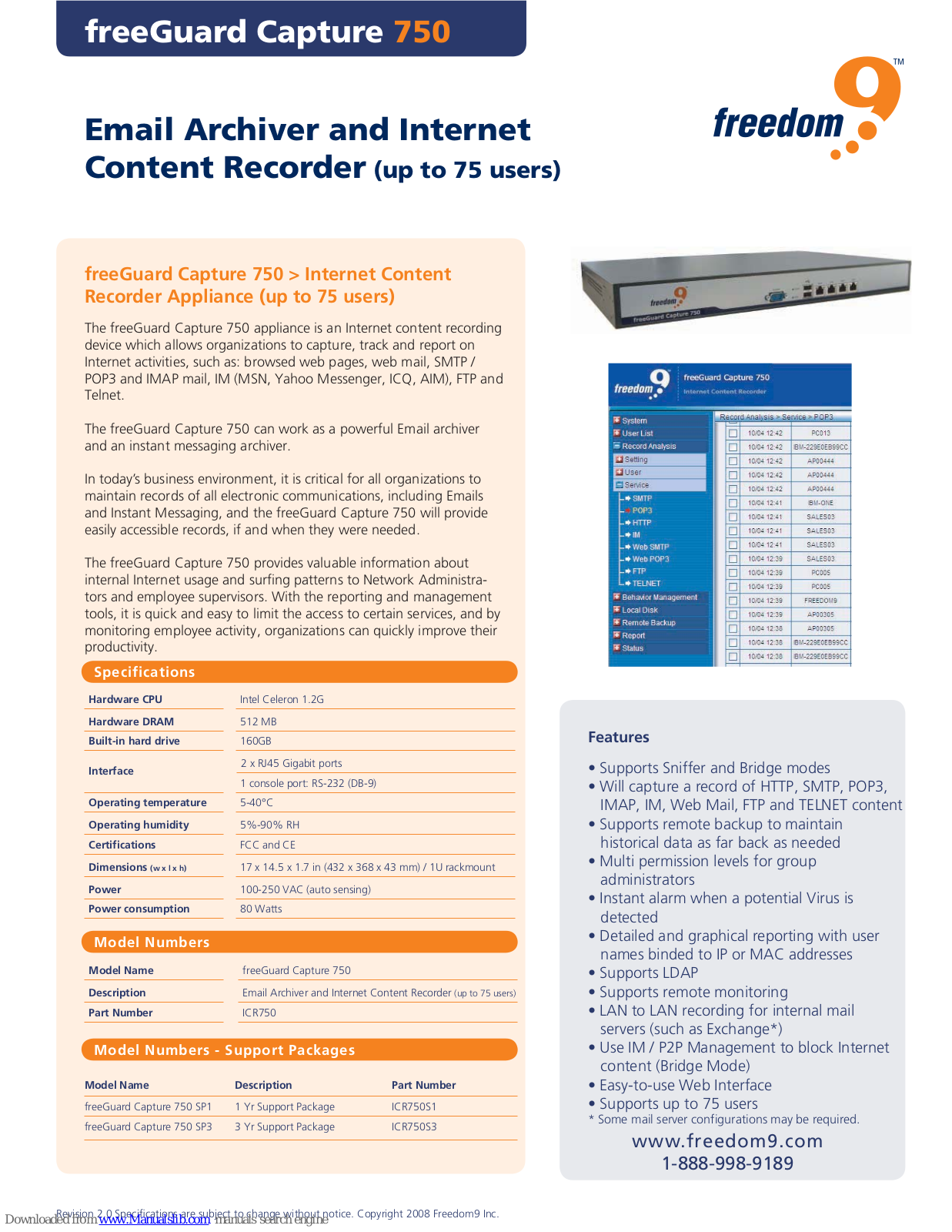 Freedom9 Capture 750, freeGuard Capture 750 Specifications