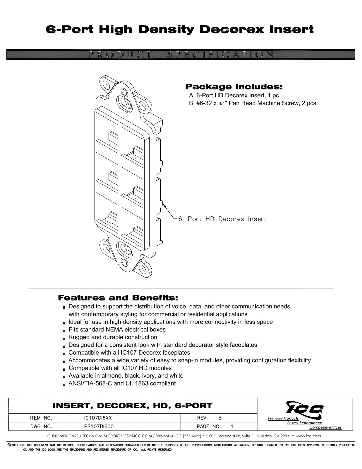 ICC IC107DI6AL, IC107DI6BK, IC107DI6IV, IC107DI6WH Specsheet