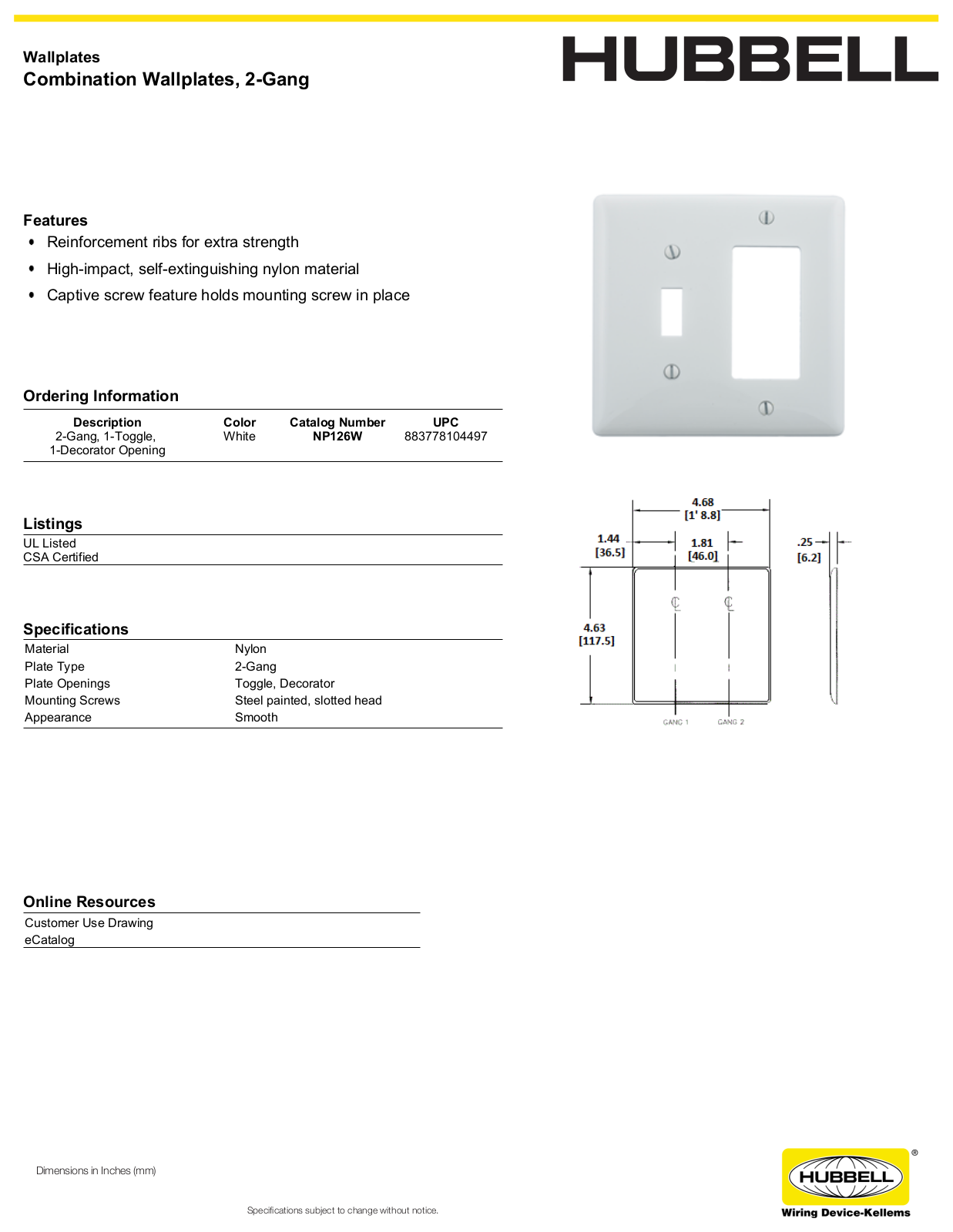 Hubbell NP126W Specifications