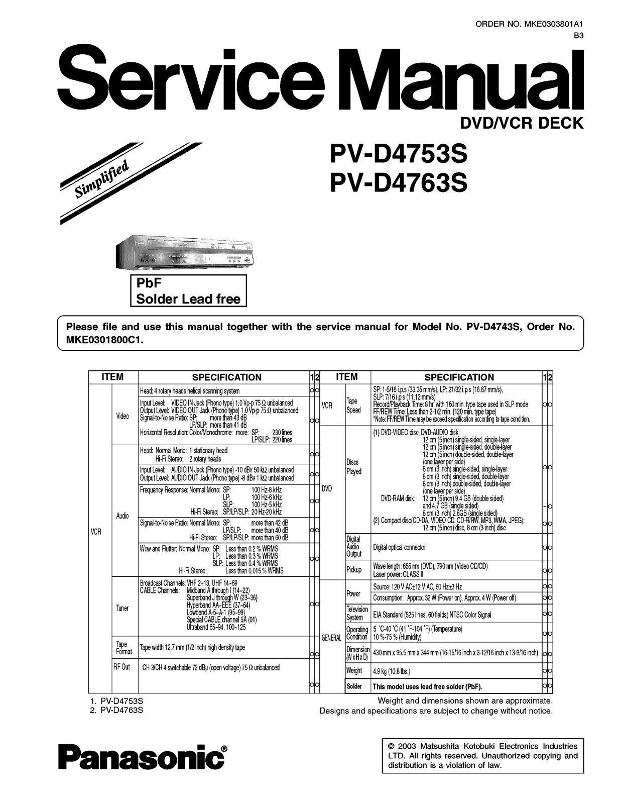 Panasonic бPV-D4743S, PV-D4763S Service Manual