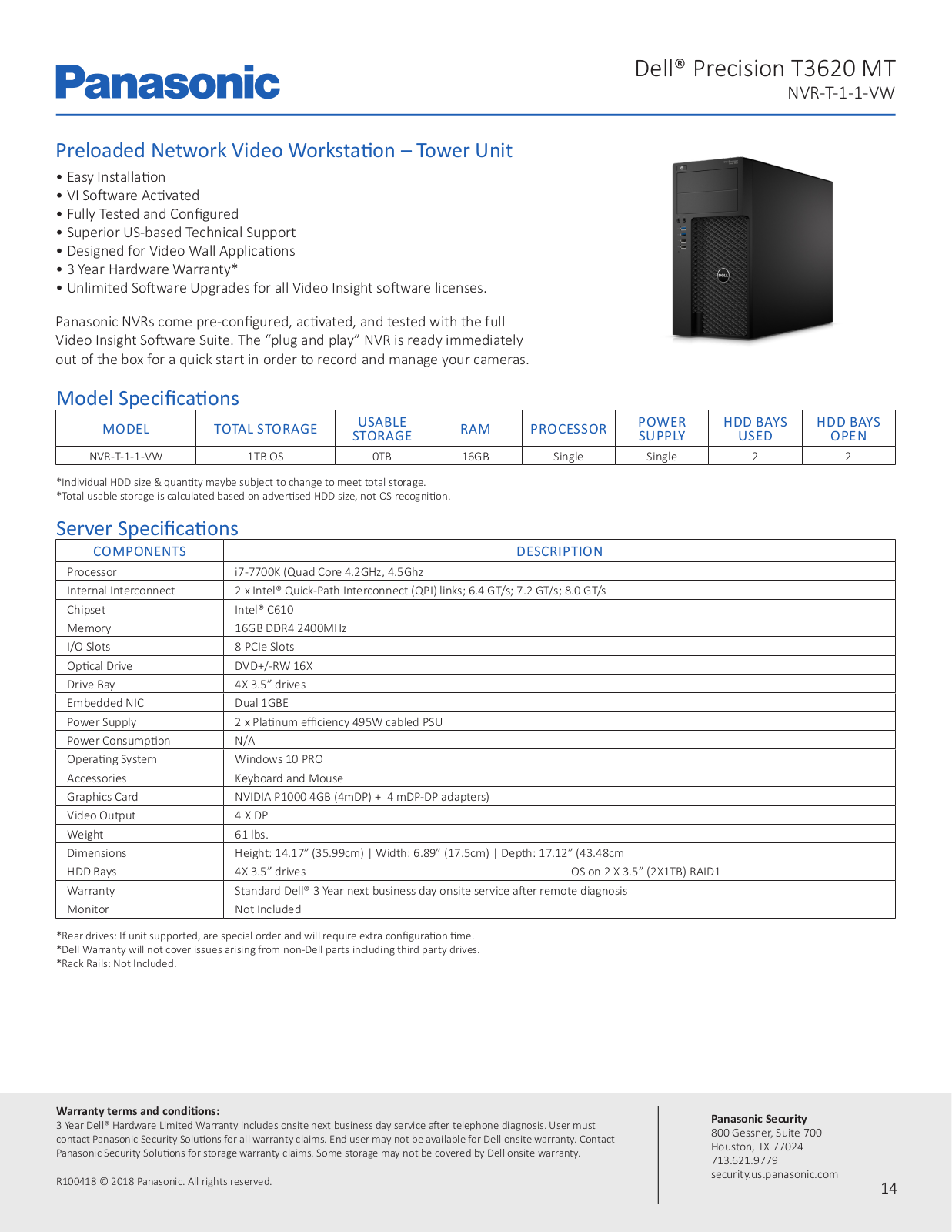 Panasonic NVR-T-1-1-VW Specsheet