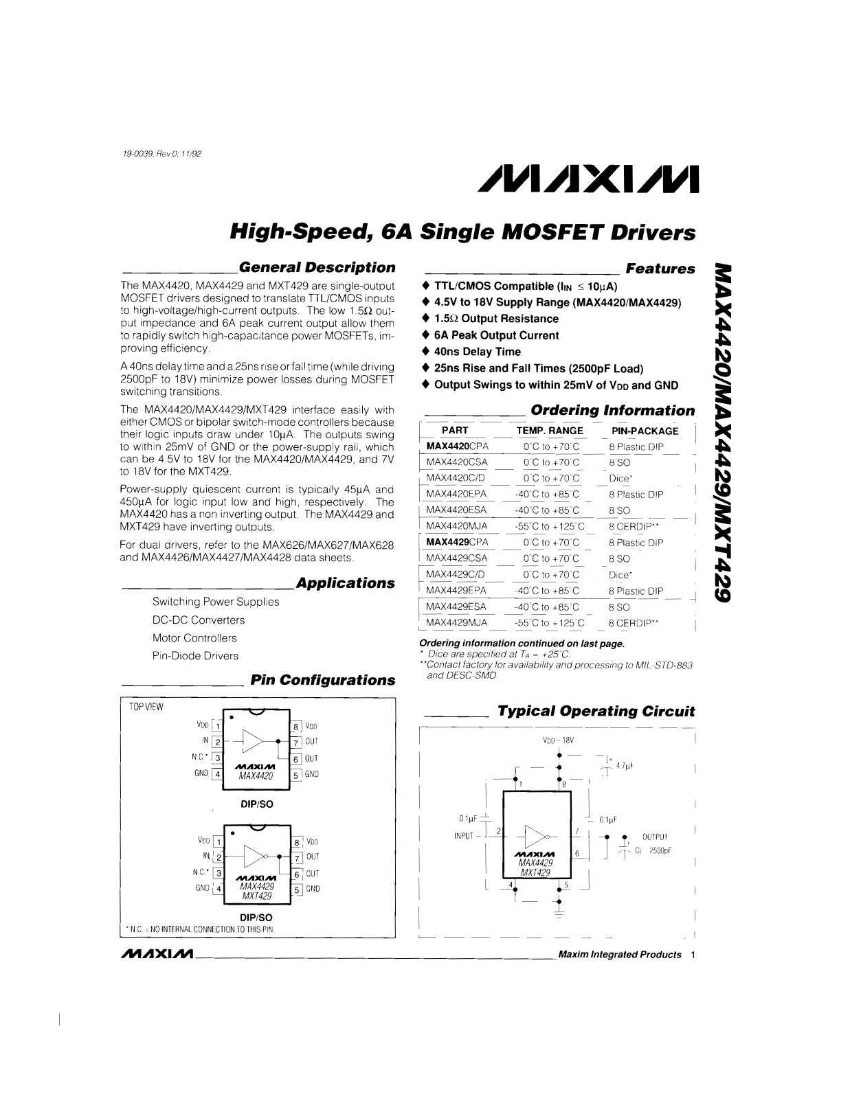 Maxim MXT429MJA, MXT429C-D, MXT429CPA, MXT429CSA, MXT429ESA Datasheet