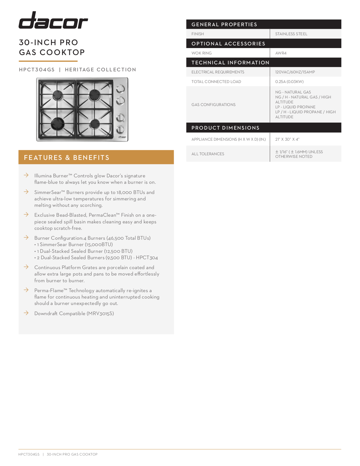 Dacor HPCT304GSNG Specs