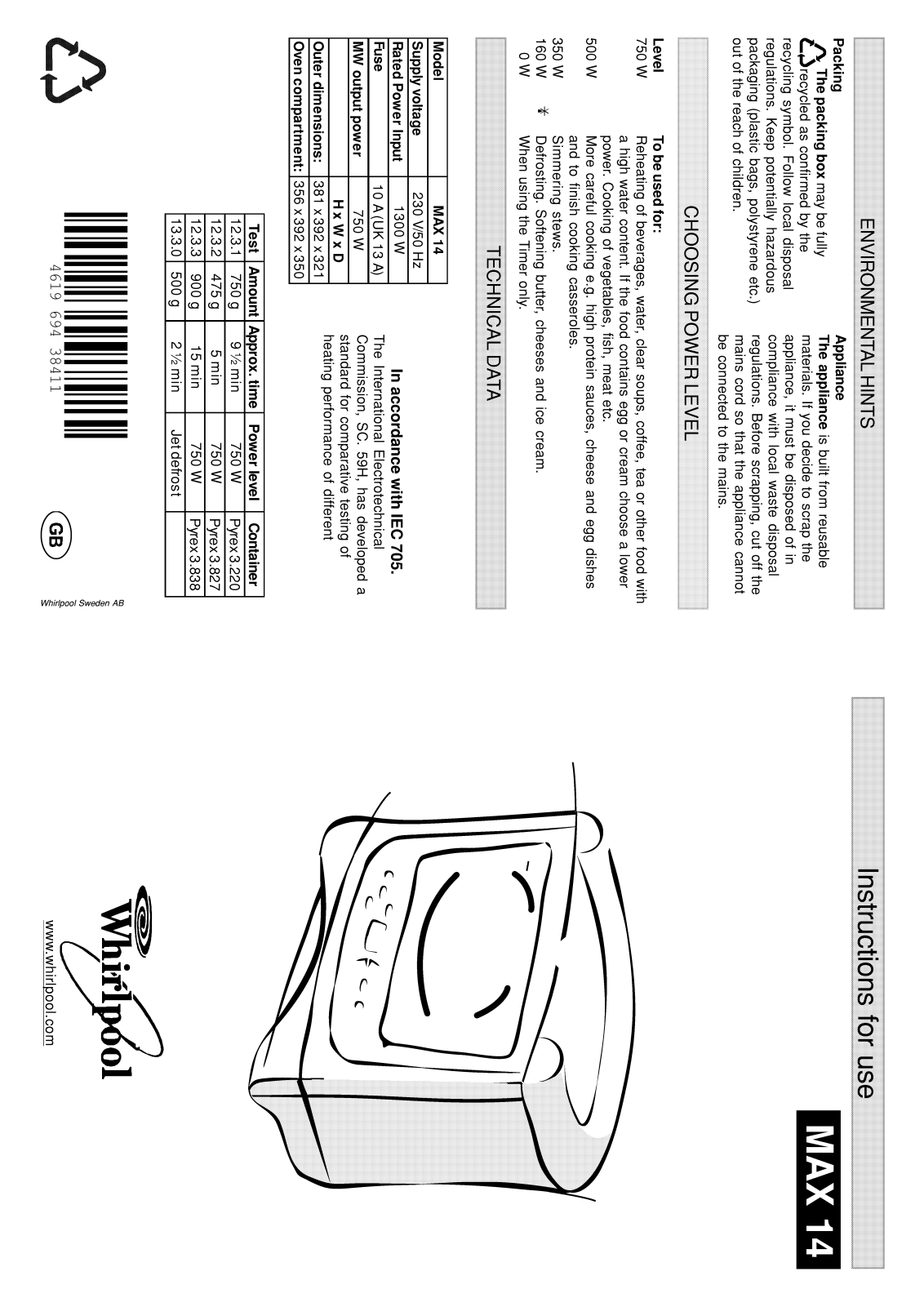 Whirlpool MAX 14/2/BL, MAX 14/2/AB, MAX 14/AW, MAX 14/WH/2, MAX 14/AW/2 INSTRUCTION FOR USE