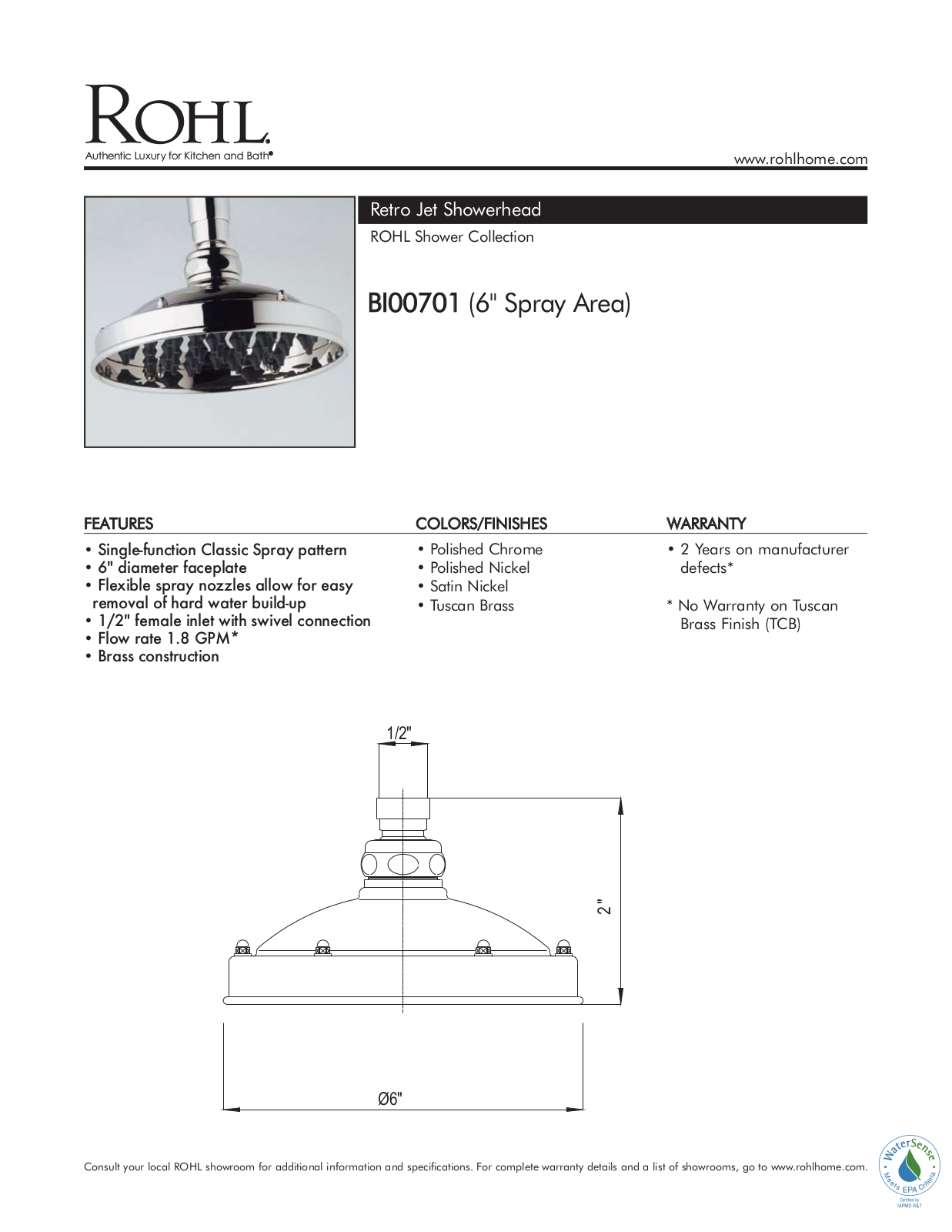 Rohl BI00701SG Specifications