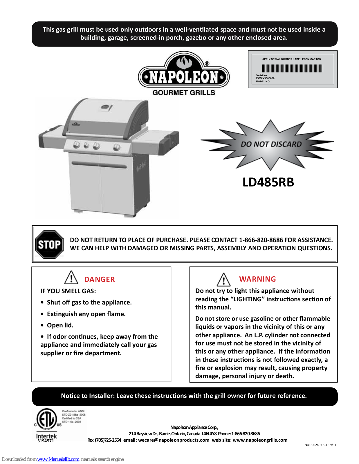 Napoleon L485RSB, L485, L485SIB, L485RB, L485RSIB User Manual