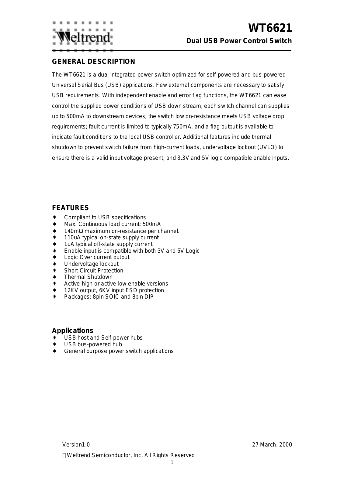 WELTREND WT6621-SL, WT6621-DL, WT6621-SH, WT6621-DH Datasheet