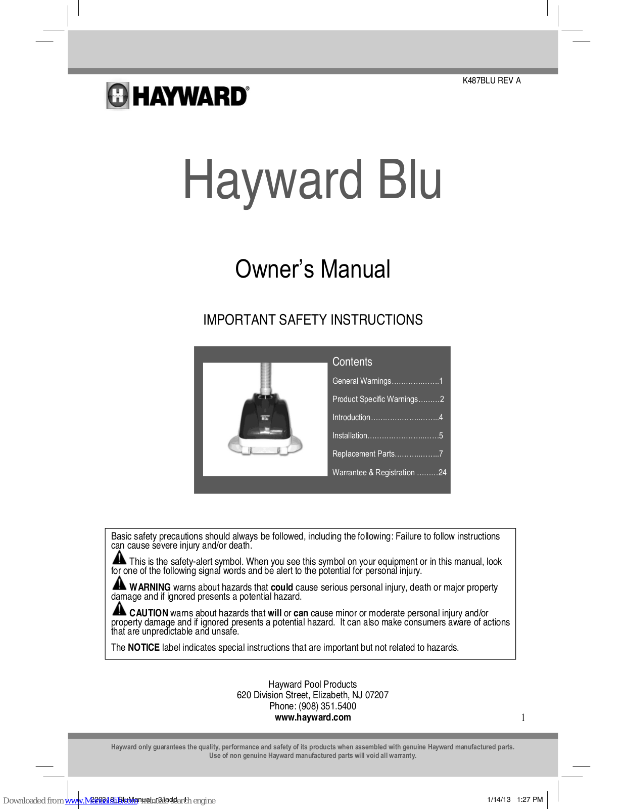 Hayward Blu Important Safety Instructions Manual