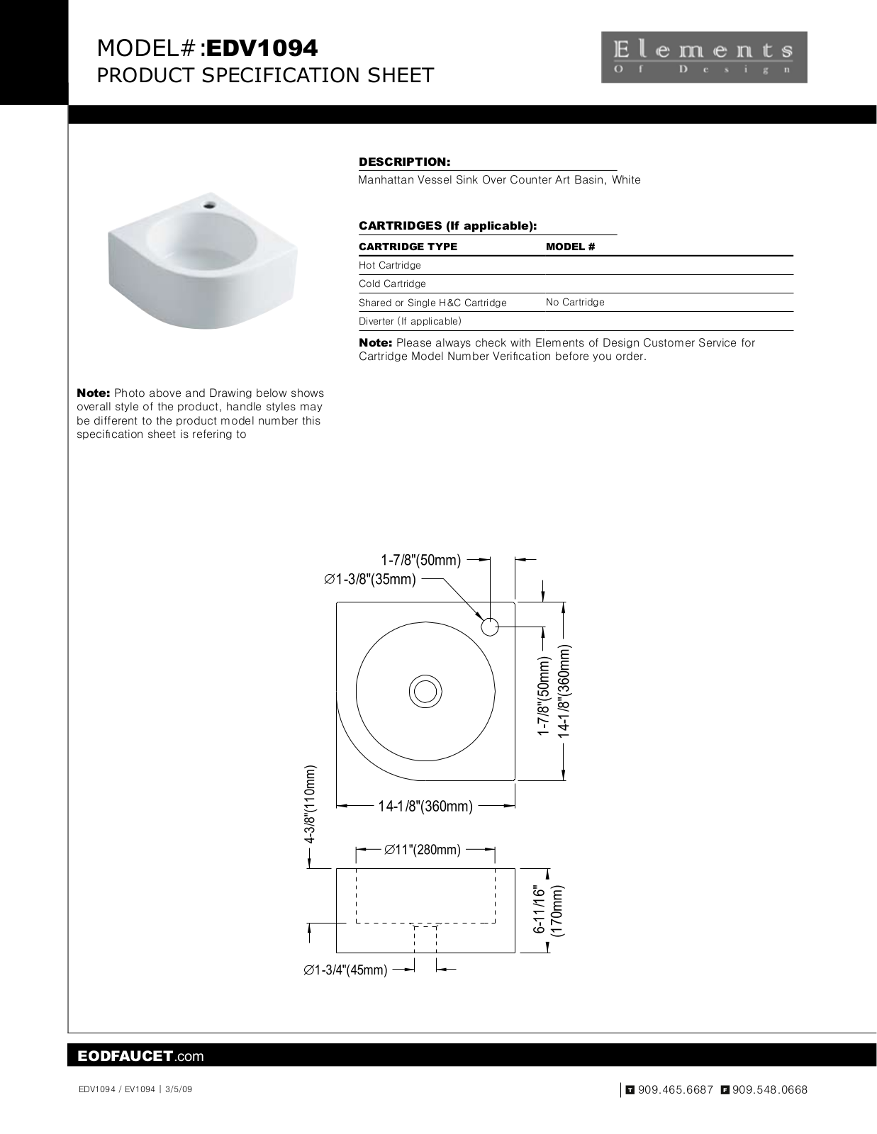 Elements of Design EDE1840 Specification Sheet - ManualMachine.com