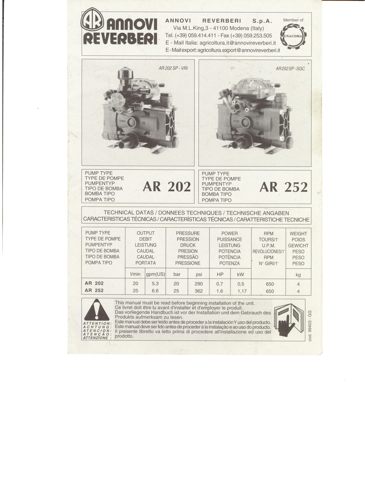 ANNOVI REVERBIERI AR 202, AR 252 User Manual