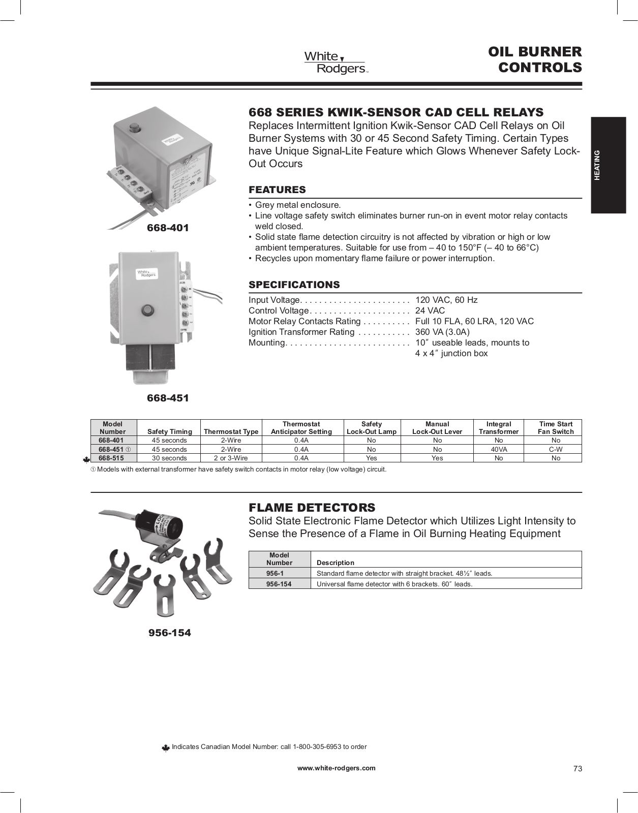 White Rodgers 956-1, 956-154, 668-401, 668-451 Catalog Page