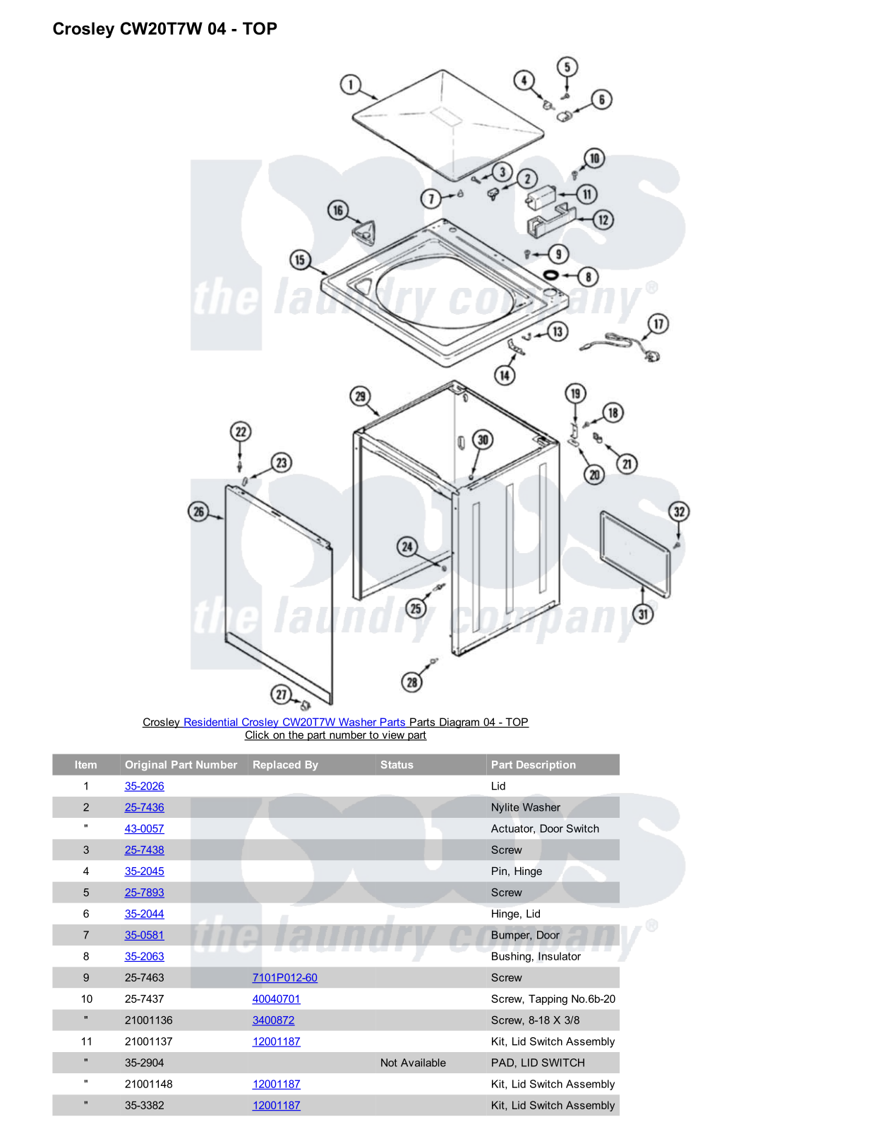 Crosley CW20T7W Parts Diagram