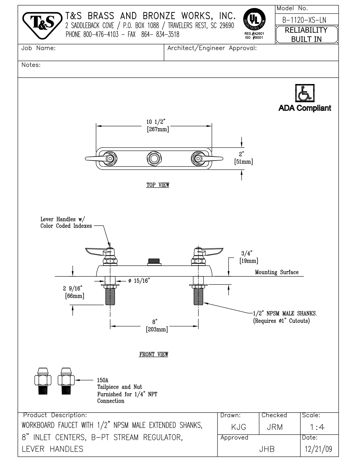 T & S Brass & Bronze Works B-1120-XS-LN General Manual