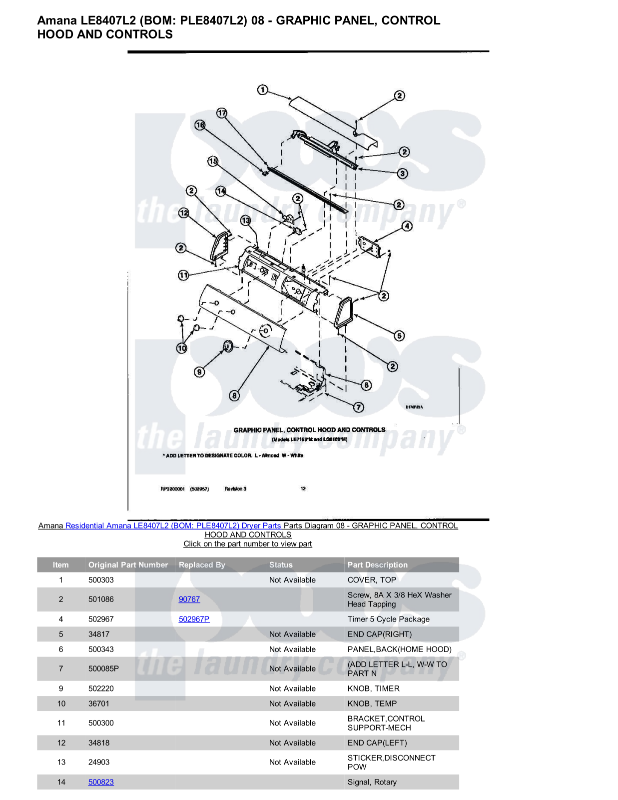 Amana LE8407L2 Parts Diagram