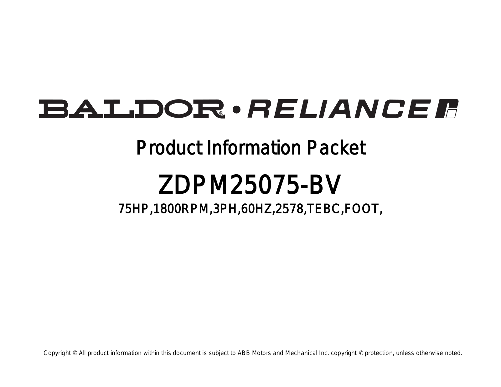 Baldor ZDPM25075-BV Product Information Sheet