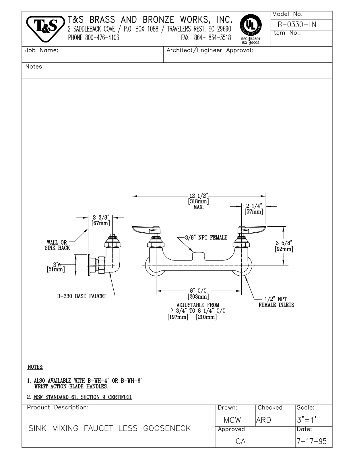 T & S Brass & Bronze Works B-0330-LN General Manual