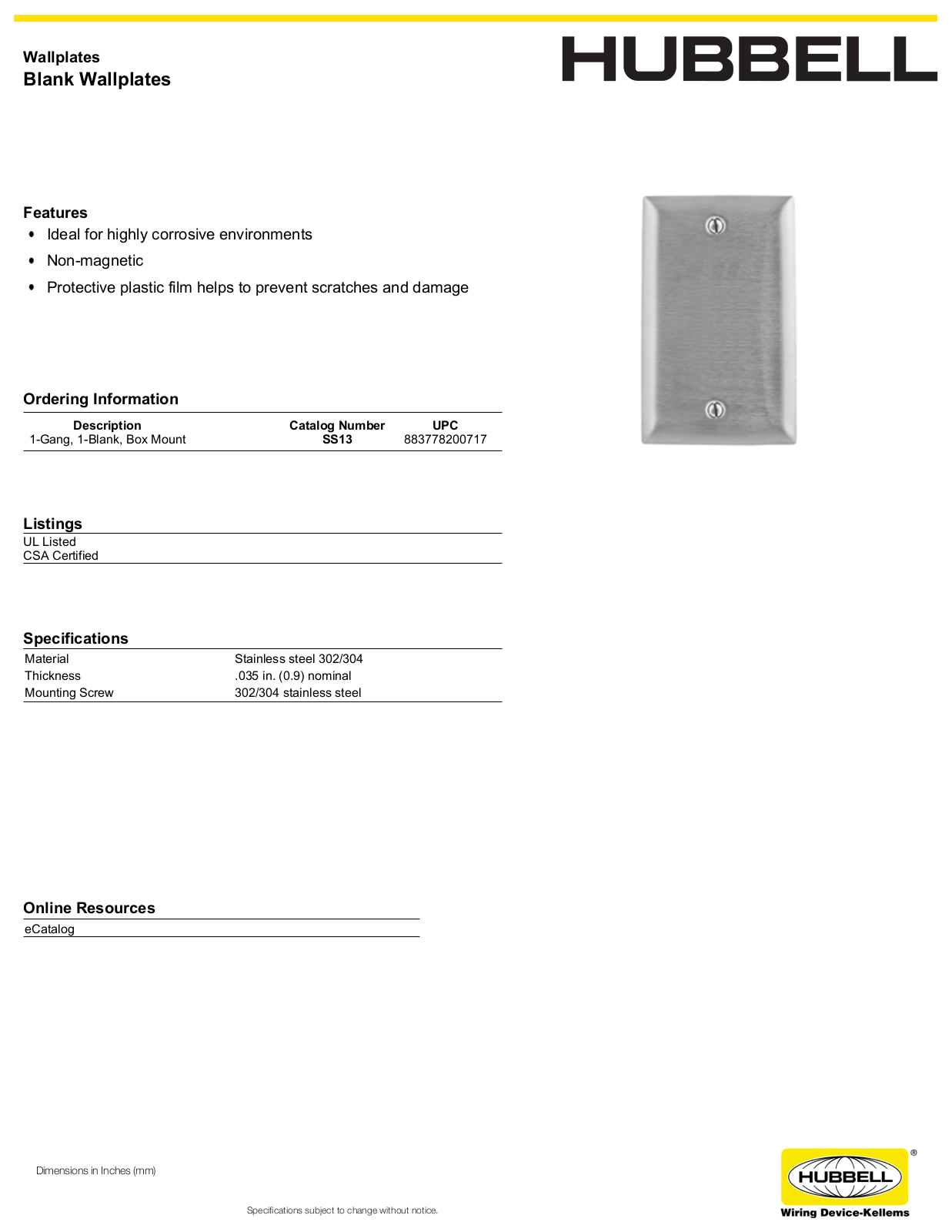 Hubbell SS13 Specifications