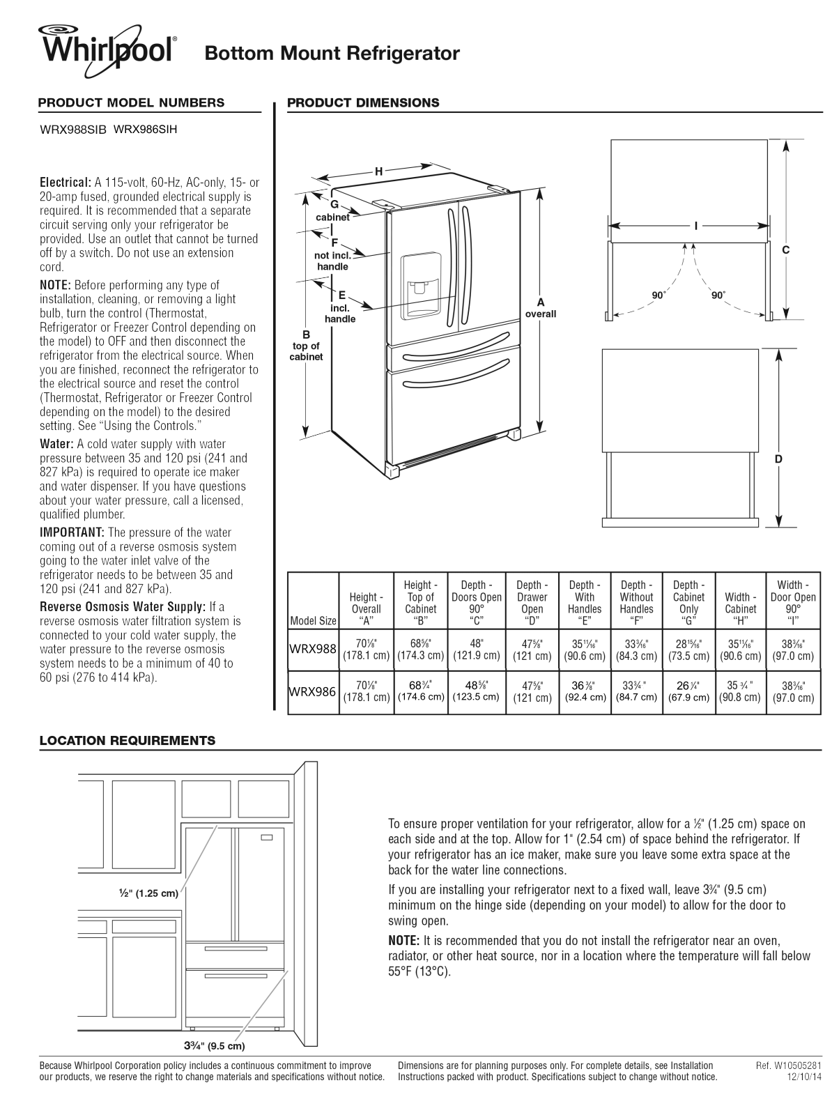 Whirlpool WPRERADWMW8991 Dimension manual