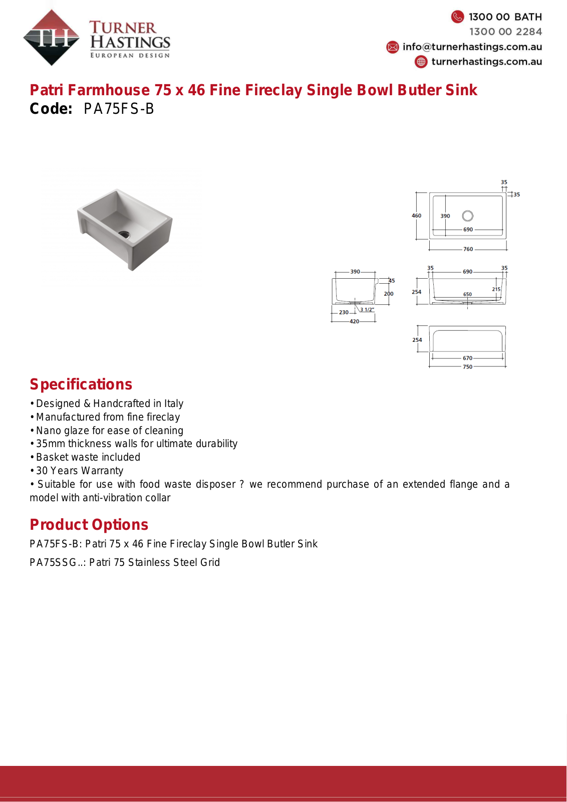 Turner Hastings PA75FS-B Specifications Sheet