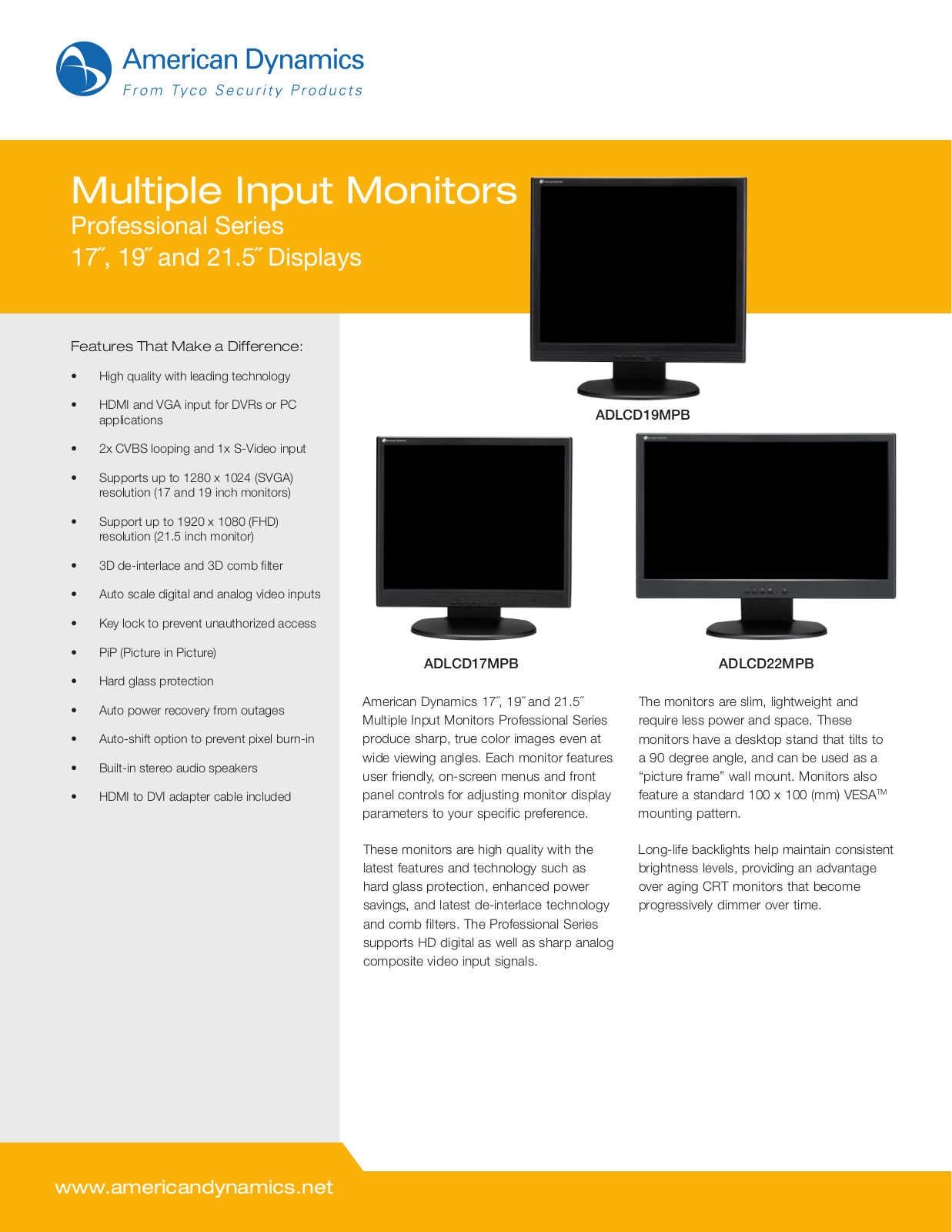American Dynamics ADLCD17MPB, ADLCD19MPB, ADLCD22MPB Specsheet