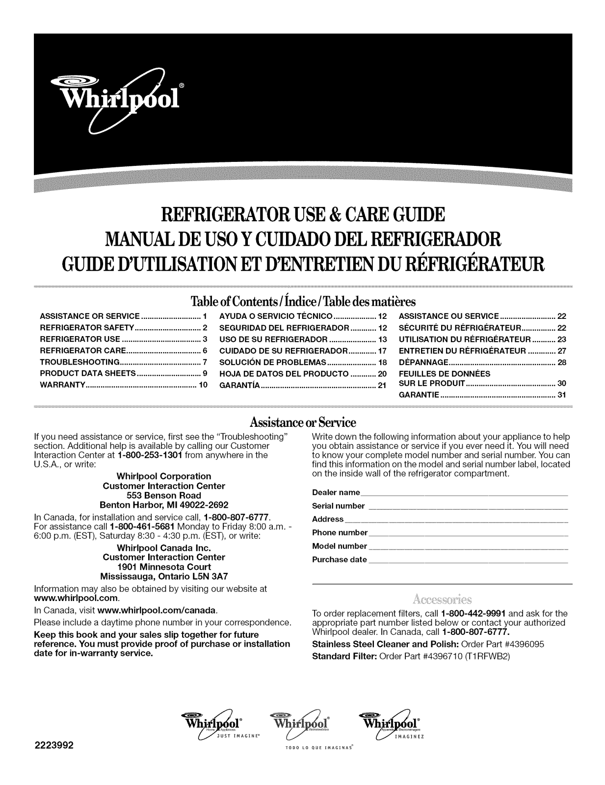 Whirlpool 2223992 Use and Care Guide