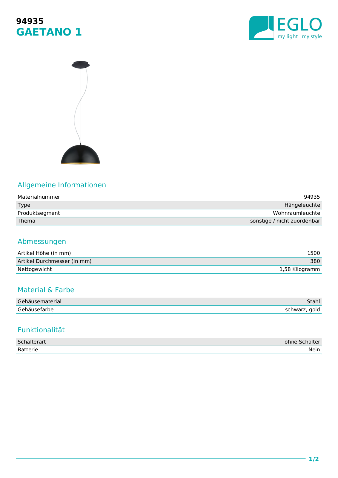 Eglo 94935 Technical data