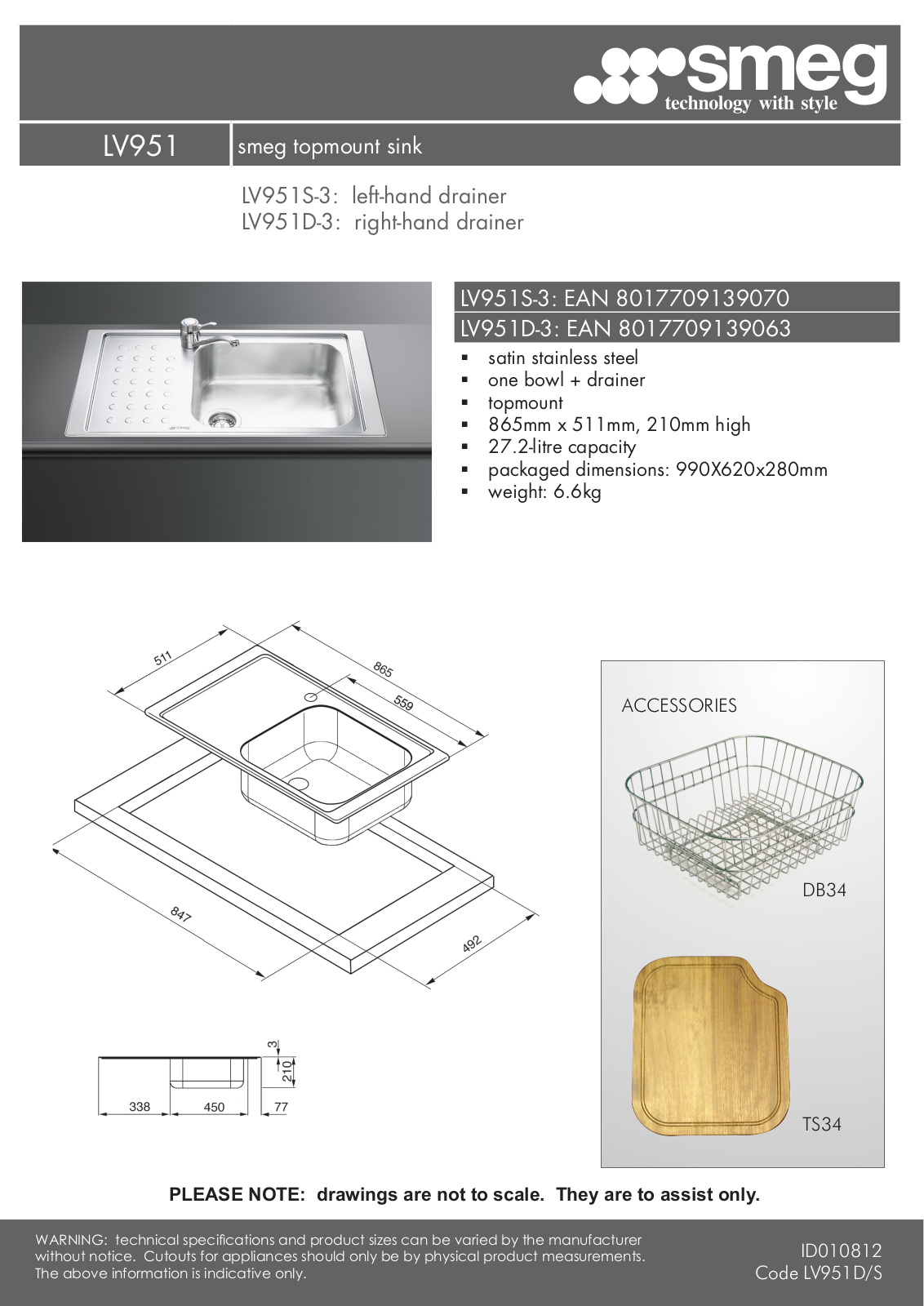 Smeg LV951S-3 Specifications Sheet