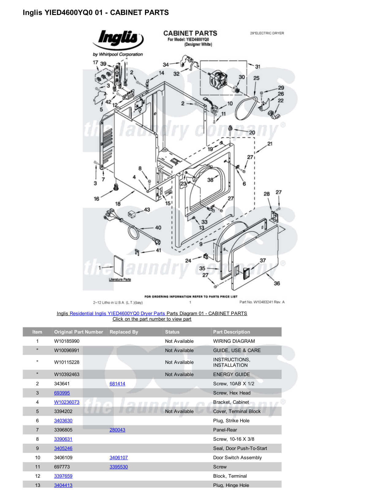 Inglis YIED4600YQ0 Parts Diagram