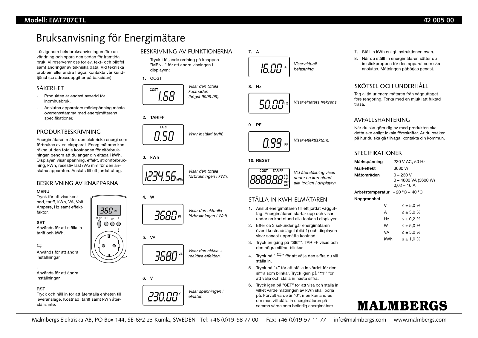 Malmbergs EMT707CTL User Manual